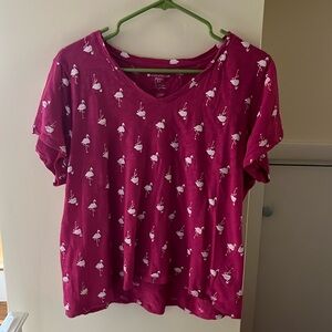 Fuchsia V-Neck Tee with Fun Flamingo Print